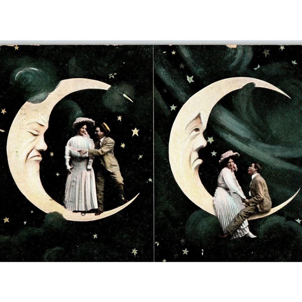 Romance Paper Moon Spooning In the Moon Human Face Crescent Moon Man Postcard